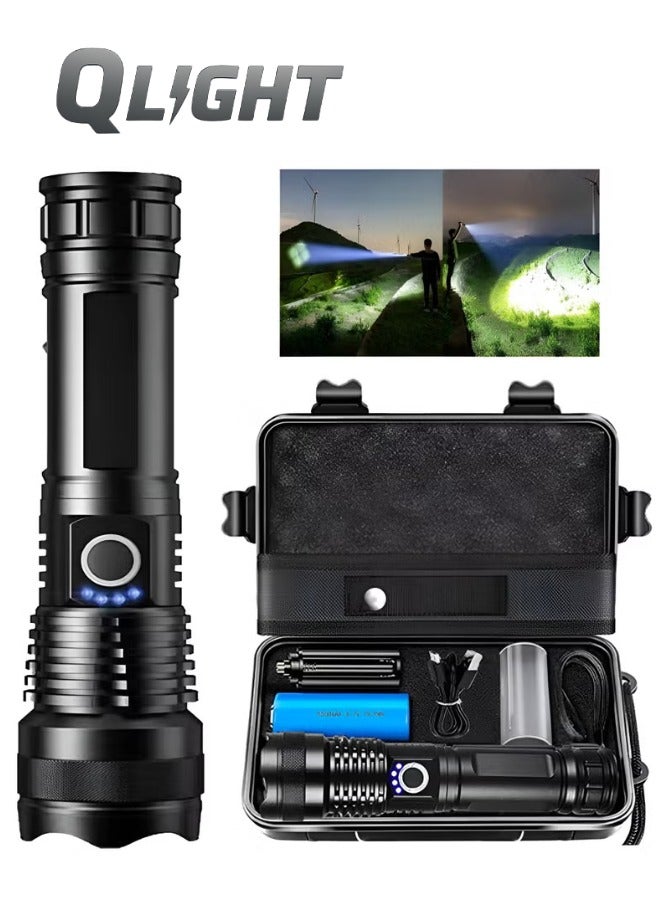 QLIGHT Rechargeable Flashlight 990000 High Lumens, XHP70.2 Super Bright Tactical Flashlights, Led Flash lights with 5 Modes, Zoomable, Type-C, IPX65 Waterproof, Powerful Flash Light for Camping Hiking Running & Cycling - Image 1